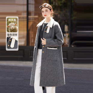 风撞色翻领中长款 女装 单排扣外套 新款 她池绵羊毛大衣2025冬装