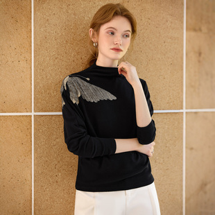 她池半高领打底衫2025秋装新款女装文艺风印花钉珠修身款长袖T恤