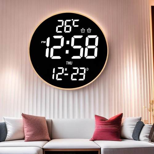 家具倒计时圆形竹子挂钟12寸大屏幕数字钟客厅万年历LED电子闹钟