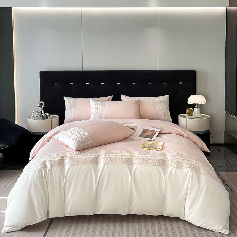 轻奢全棉刺绣提花四件套长绒棉绣花被套纯棉床单床笠床上用品简约