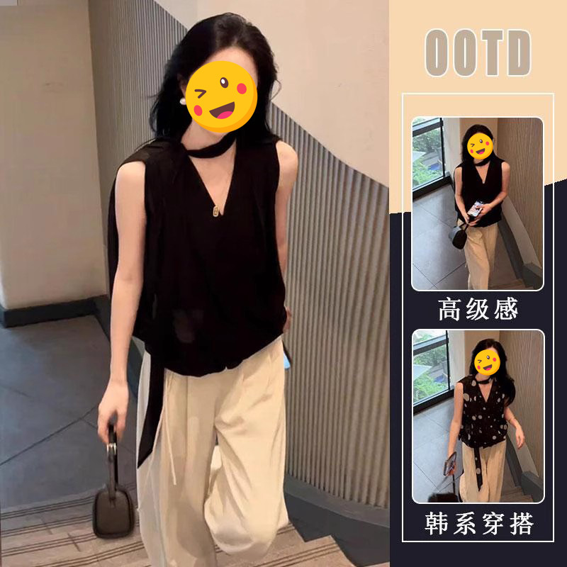 单件/法式超火夏装巨好看独特漂亮气质黑色挂脖上衣裤子女装潮流