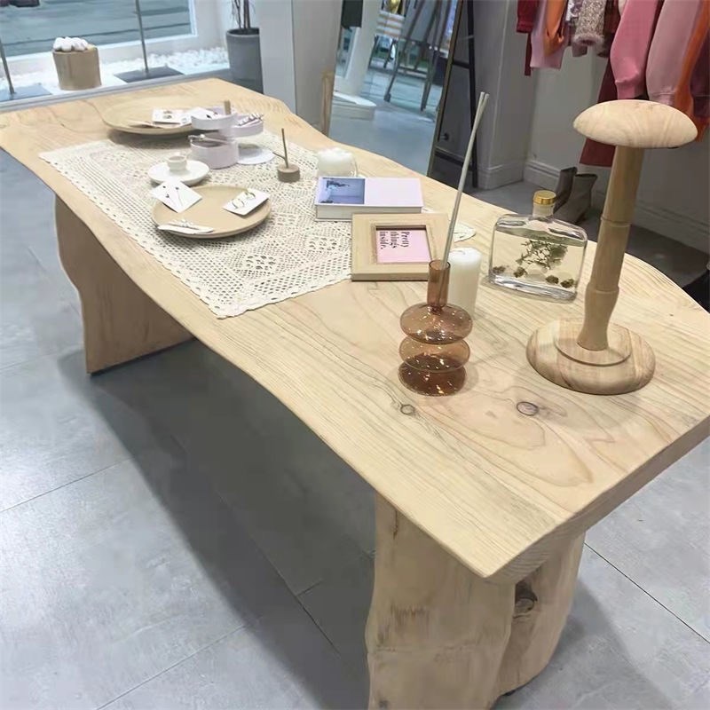 轻奢原木服装展示桌中岛流水台实木展示架鞋包展示台大板摆放长桌