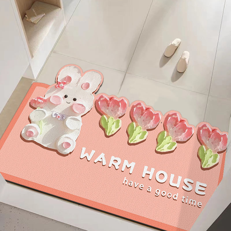 粉色小清新地垫入户门垫卡通兔子pvc可擦洗地毯郁金香进门口脚垫