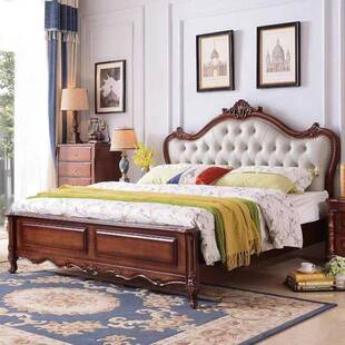 美式乡村实木床欧式双人床雕花软包靠背1.8m主卧婚床收纳储物大床