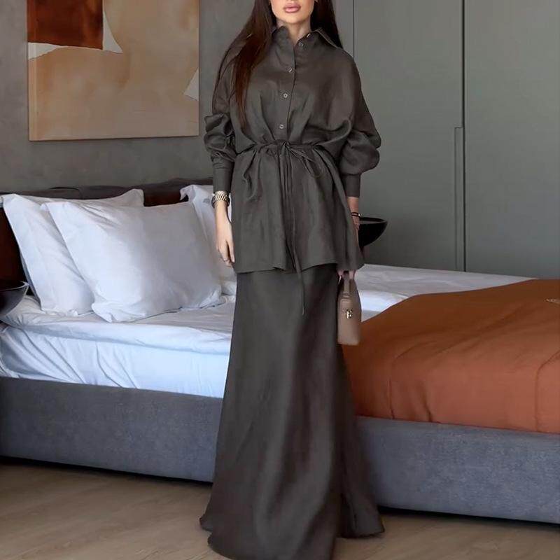 欧美女装2025春款时尚翻领宽松长袖衬衫高腰半身裙套装
