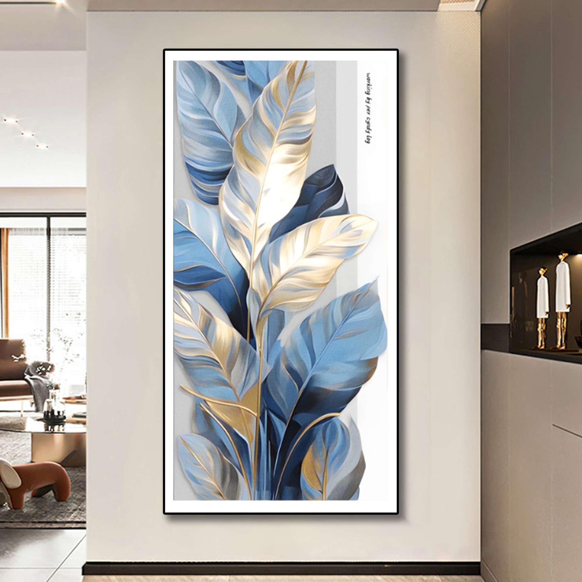 现代轻奢家蓝色大业大皮革微雕肌理画玄关装饰画入户走廊过道风景