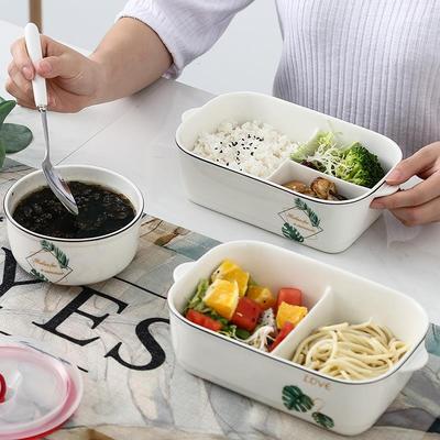 上班族分隔型陶瓷饭盒可加热带饭的便当盒微波炉专用分格保鲜餐盒
