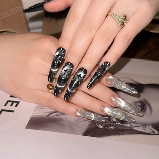 神谕圣光巴洛克十字架猫眼穿戴甲长款鸳鸯手绘美甲贴片假指甲