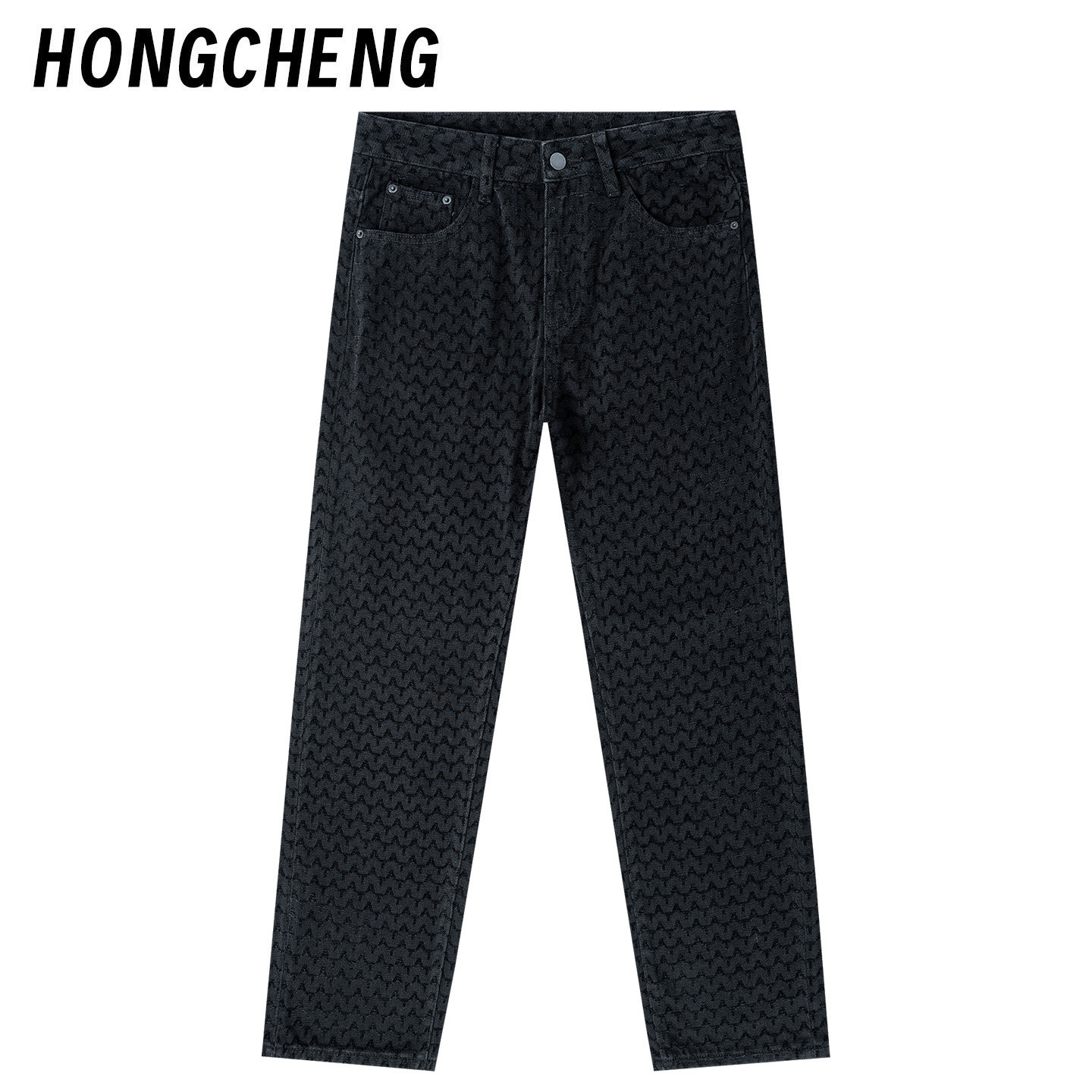 HONGCHENG轻奢高级感波浪牛仔裤男黑色新款时尚百搭修身直筒长裤