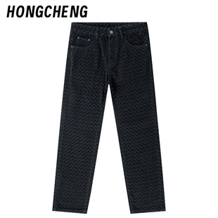 HONGCHENG轻奢高级感波浪牛仔裤男黑色新款时尚百搭修身直筒长裤