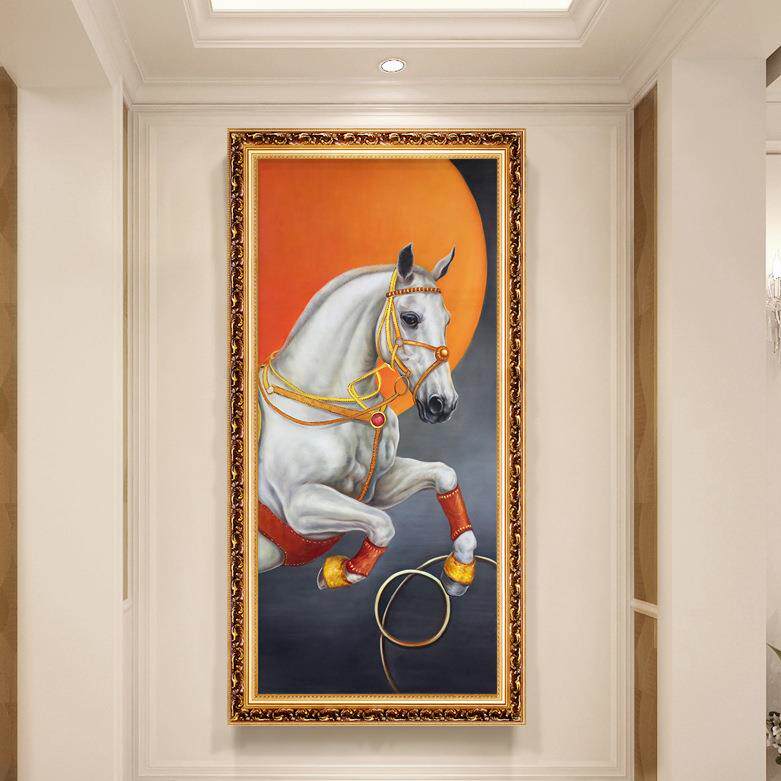 玄关装饰画简欧美式走廊竖版壁画欧式过轻奢动物马到成功油画