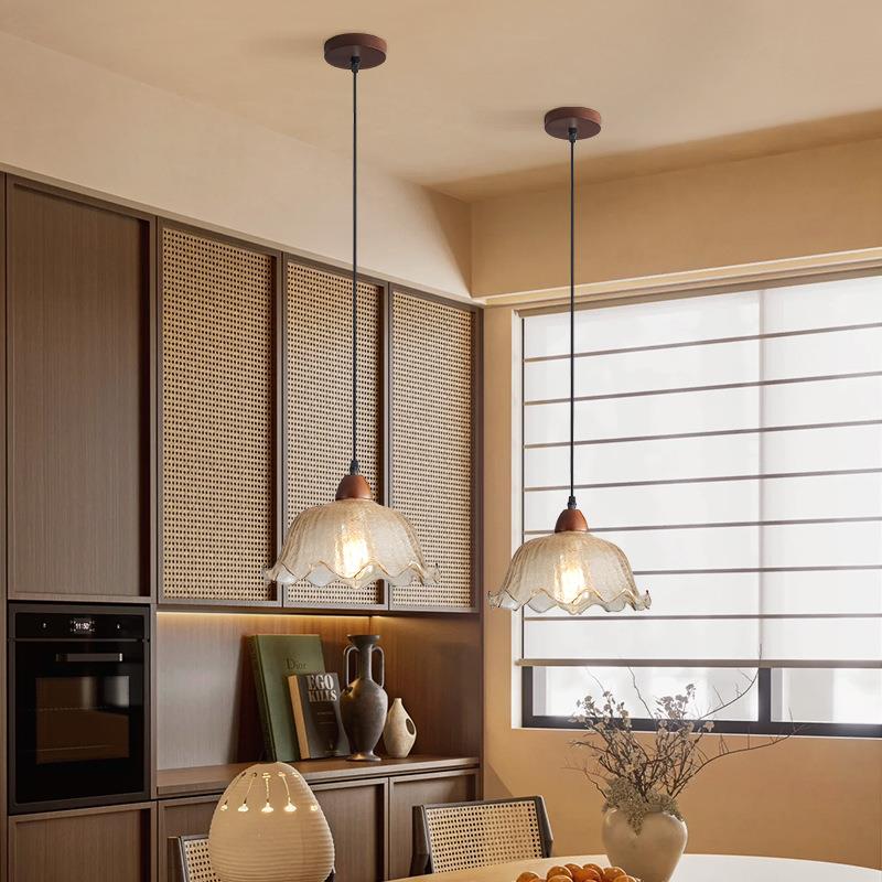 中古餐厅灯复古法式浪漫餐桌吧台小吊灯美式胡桃木冰裂纹饭厅灯