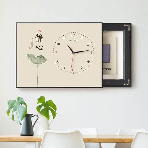 新中式电表箱装饰画带钟表新款弱电箱遮挡时钟免打孔开关盒挂华庚