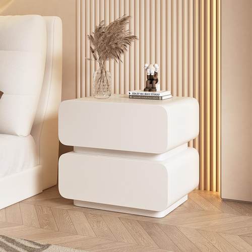 奶油风床头柜简约现代实木皮质床边柜小型卧奶油风床头柜简约现代