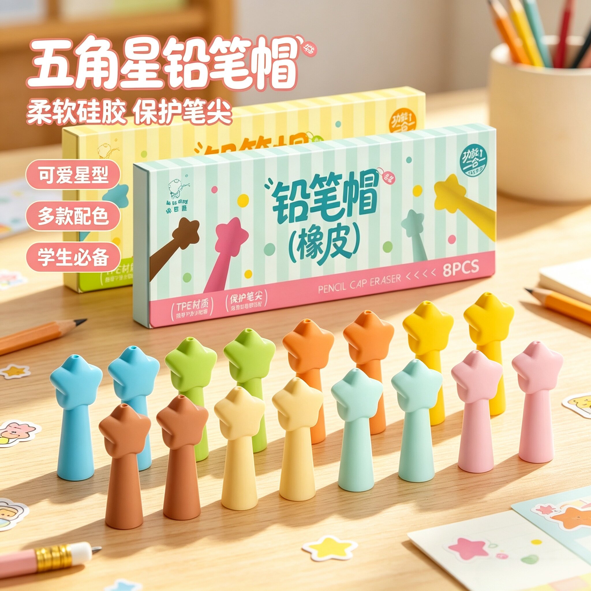 软萌五角星二合一铅笔帽橡皮