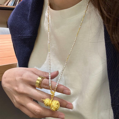 金店同款沙金仿真金珠珠篆刻葫芦吊坠女新款轻奢高级感项链送女友