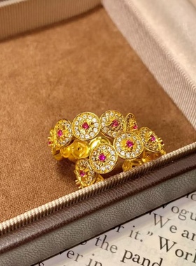 卡纯诗轻奢古法红色镶嵌铜钱币开口戒指女可调节仿黄金色指环高端