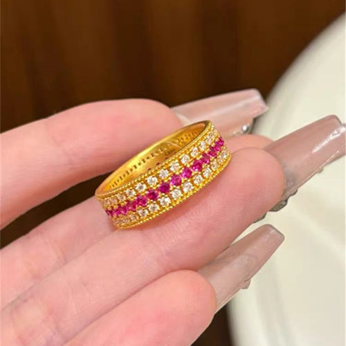 金店同款沙金仿真金999蔷薇红舞裙戒指刚玉排钻三排钻指环送女友