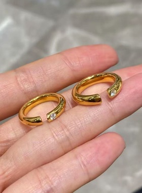 卡纯诗轻奢方糖镶钻泥鳅背戒指女金色开口戒可调节素圈黄金色仿真