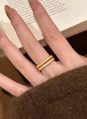 卡纯诗轻奢女仿黄金色满天星三排指环高端沙金复古式气质简约戒指