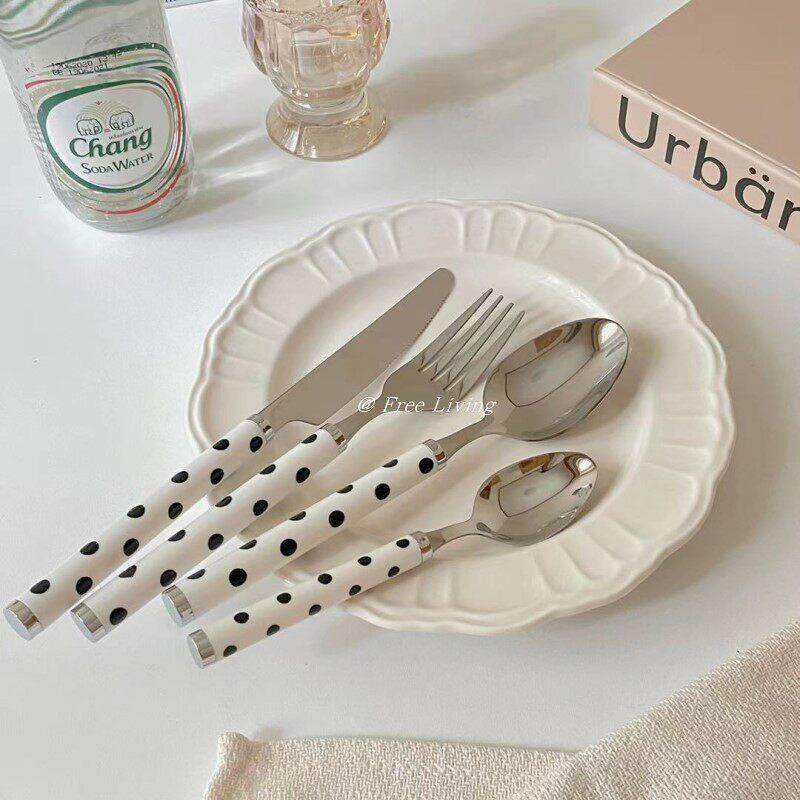 Freeliving韩国ins复古波点不锈钢刀叉勺塑料手柄牛排刀叉甜品勺