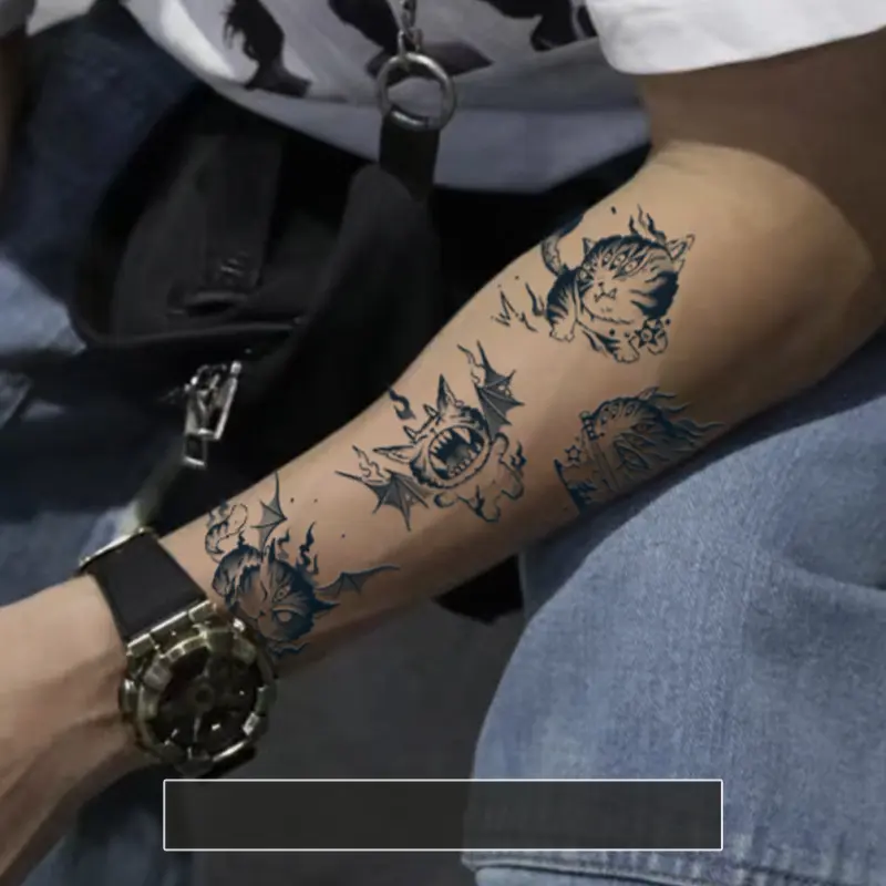 暗黑恶魔系鬼虎草本纹身贴手臂手背仿真贴纸男防水持久不反光新款