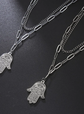 欧美直供爆品特殊寓意独特信仰汉莎手掌吊坠钛钢双层项链