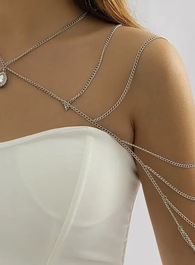 欧美饰品 个性甜酷链条流苏肩颈链女 简约水滴镶钻金属项饰