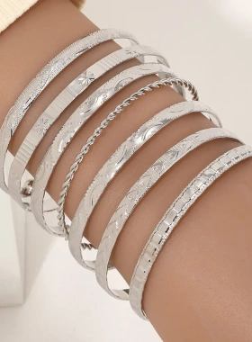 欧美条纹菱形花纹夸张个性六芒星麻花女士开口手镯7件套度假