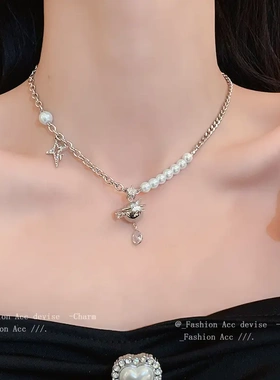 锆石芒星圆形珍珠项链时尚气质高级感锁骨链轻奢冷淡风项饰女