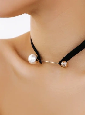 欧美饰品 港风凹造型时尚韩国绒项圈 简约个性一字仿珍珠项链