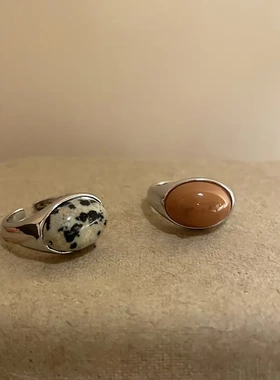 美拉德椭圆石头开口戒指时尚个性冷淡风食指戒指环复古气质手饰女