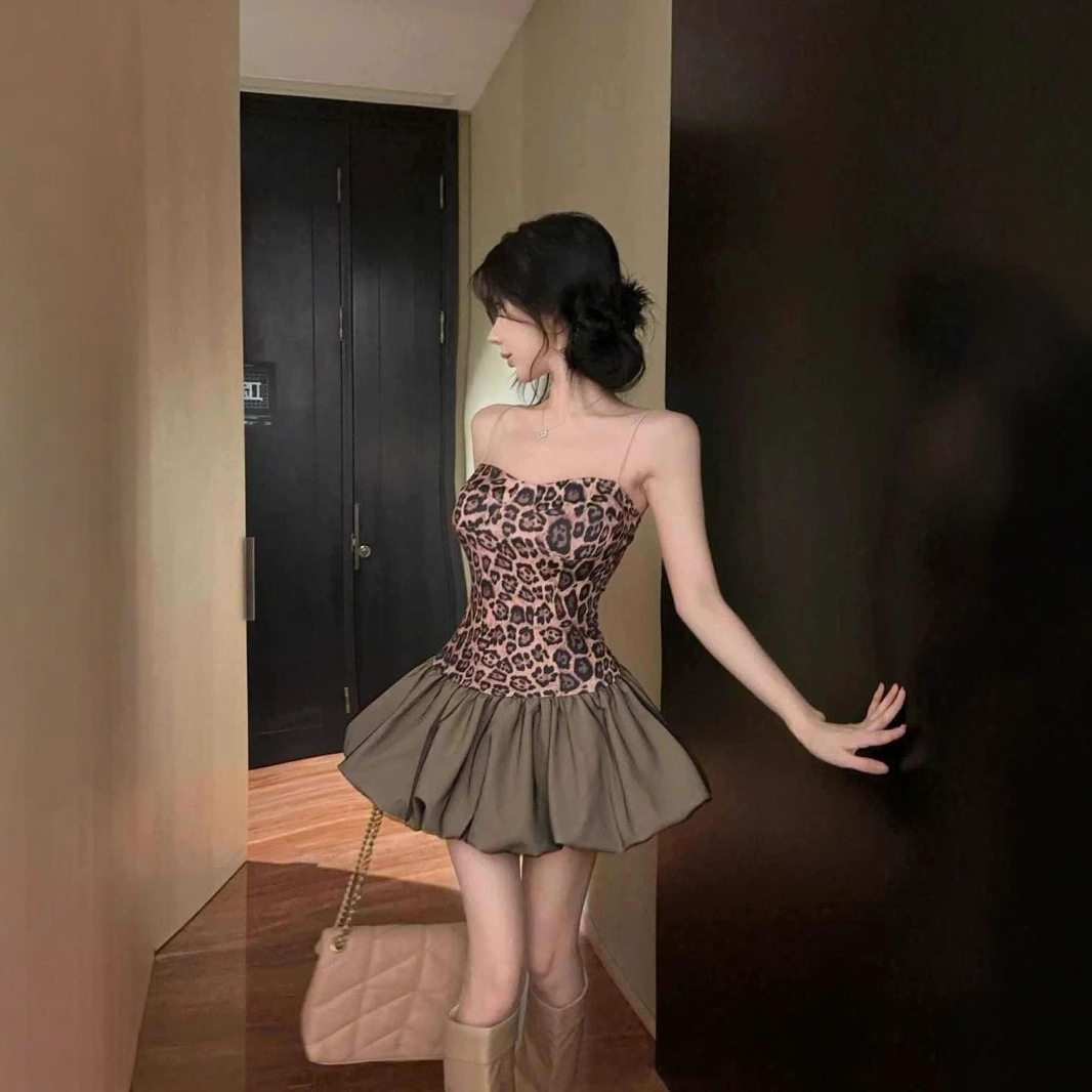 美式复古辣妹豹纹吊带拼接新款连衣裙花苞蓬蓬裙修身高腰短裙裙子