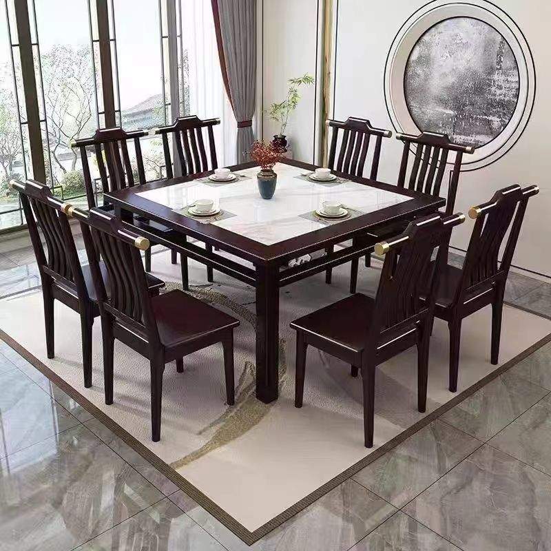 新中式实木餐桌八仙桌带岩板四方桌家用饭店餐厅仿古吃饭桌子
