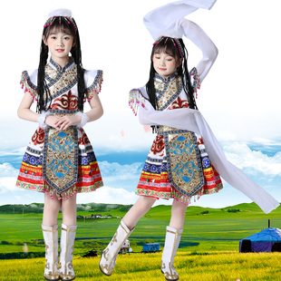 儿童藏族演出服小学生幼儿园表演服蒙古水袖 舞蹈女三月三民族服装