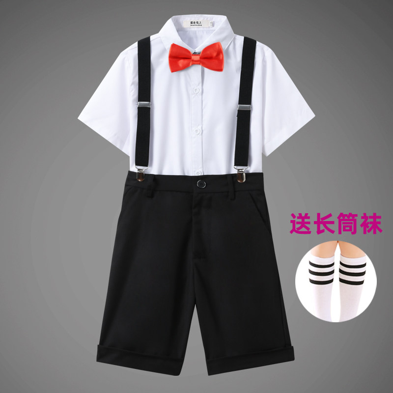纯白短袖短裤领结演出服服装男童礼服小学生背带幼儿园白衬衫黑裤,童装/婴儿装/亲子装,儿童演出服,淘宝优惠券,粉丝福利购,淘宝优惠卷