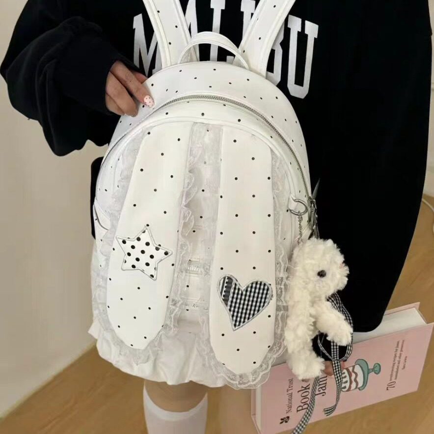 蕾丝白色波点垂耳兔双肩包女｜大