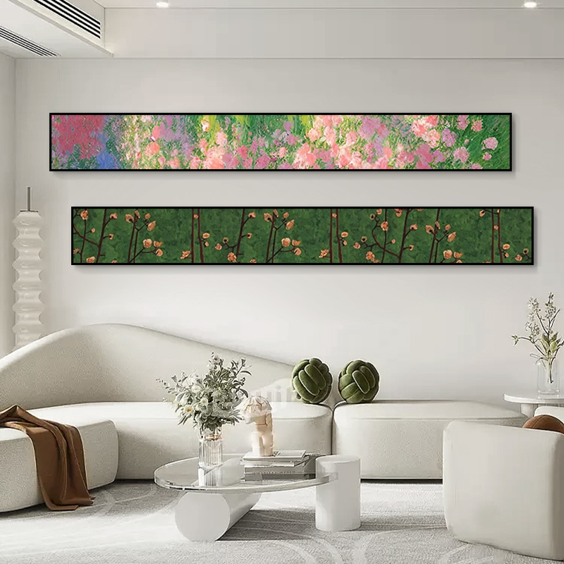 春闹满园客厅沙发背景墙花卉横版装饰画艺术定制手绘油画图片