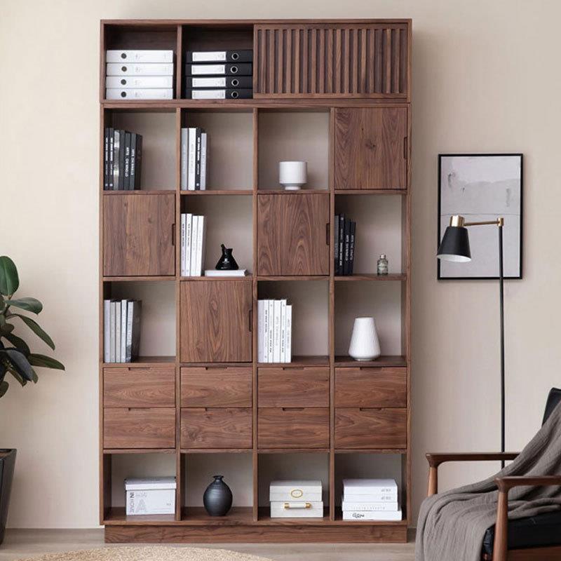 北欧黑胡桃木置物架全实木小户型现代简约轻奢型书房日式原木书架