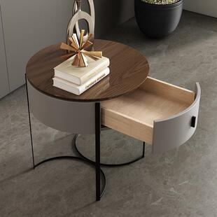 烤漆五金高脚储物柜极简圆形实木现代简约胡桃木床头柜北欧边柜