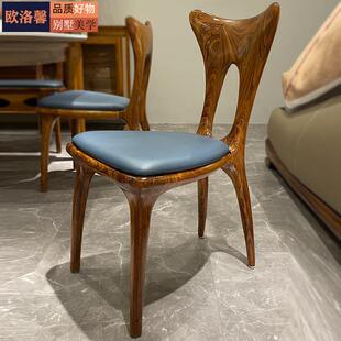 欧洛馨乌金木实木餐椅现代简约家用餐桌配套皮椅北欧餐厅真皮椅子