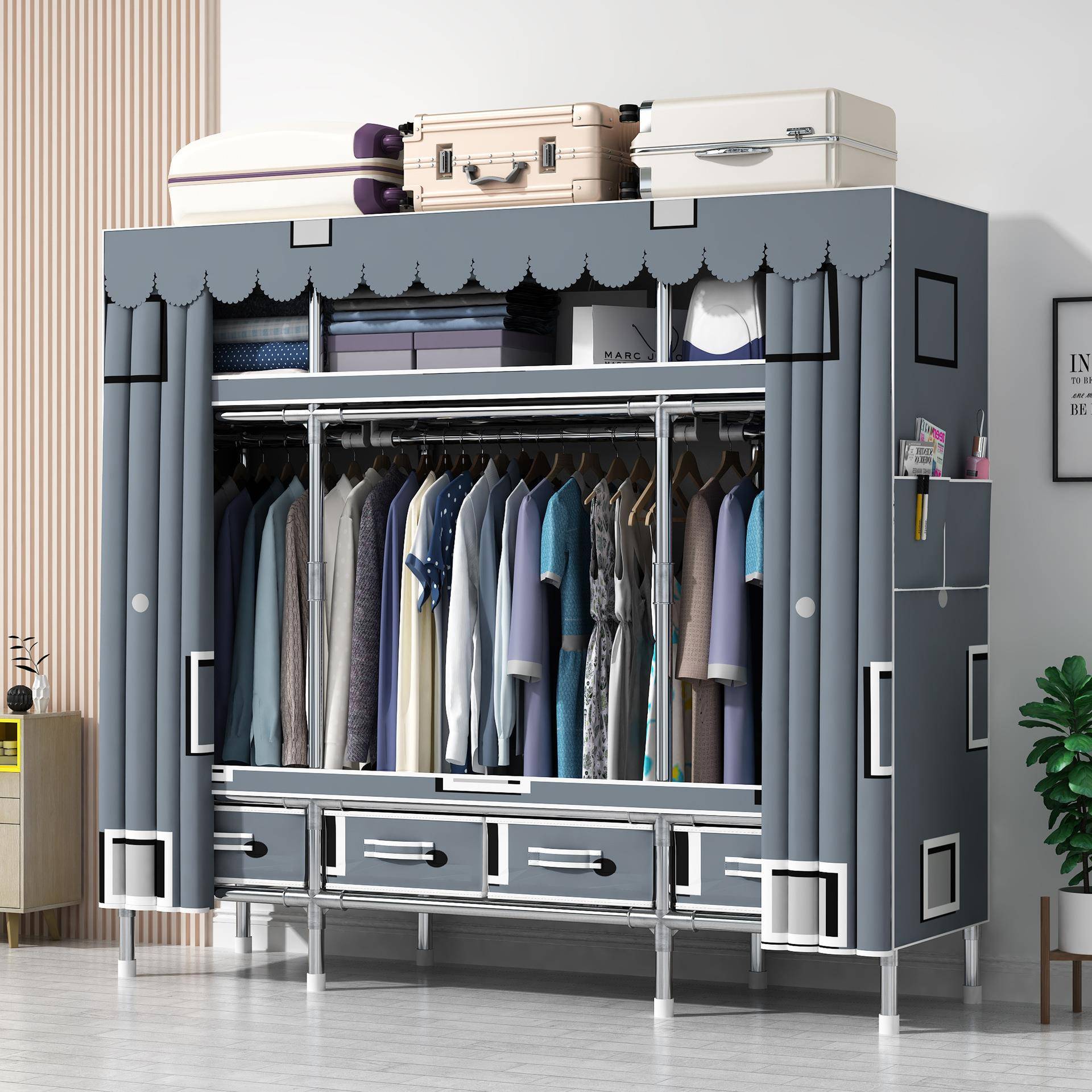 简易衣柜出租房用钢管结实耐用布艺带抽屉布衣柜家用卧室收纳衣橱