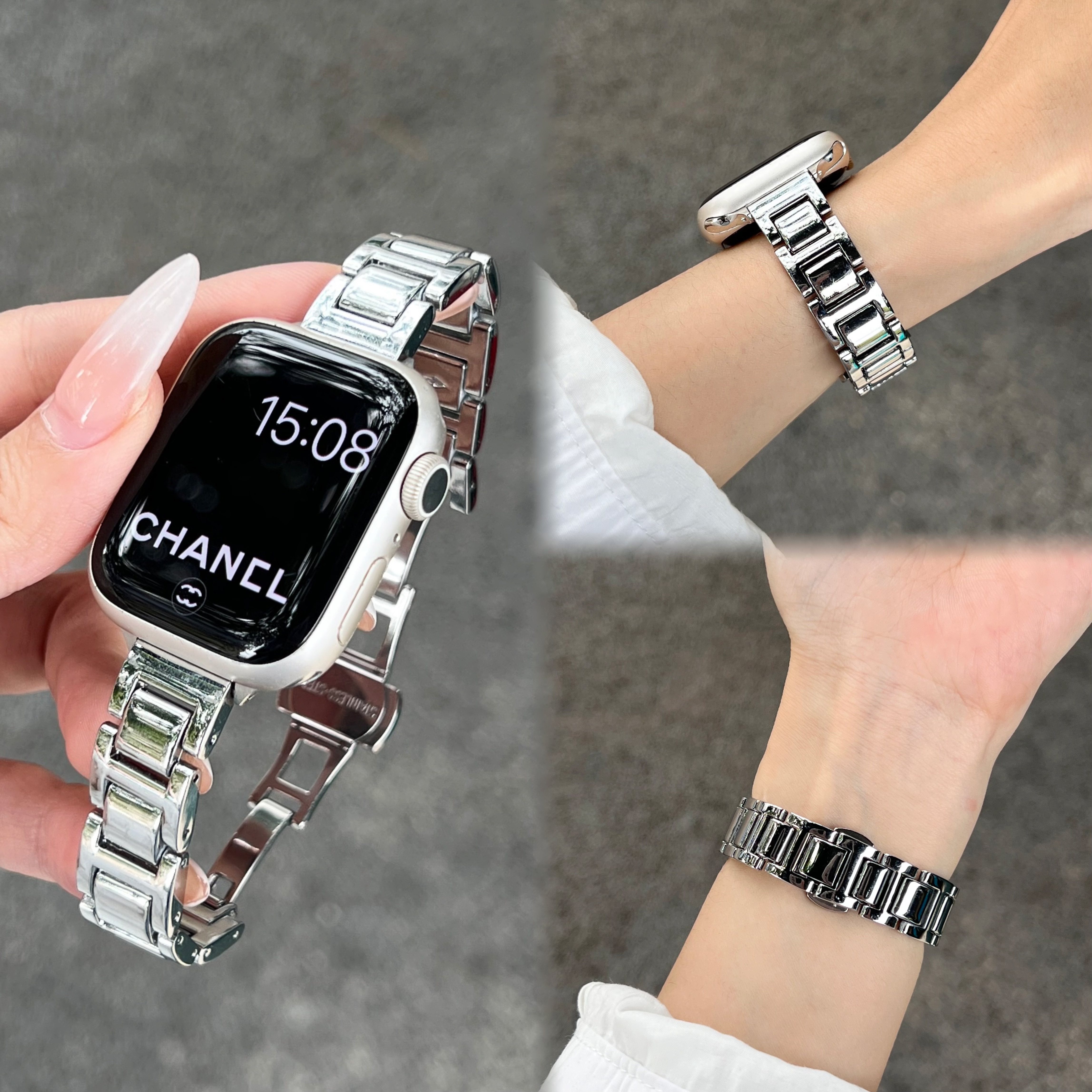 KLKL适用苹果手表s11/42mm夏天不锈钢金属工字蝴蝶扣表带iwatch透气链条手表带s10智能腕带applewatch98女SE - 实物图