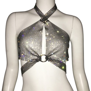 欧美女装 2023秋冬新品 网格闪钻渔网上衣性感辣妹绑带交叉挂脖