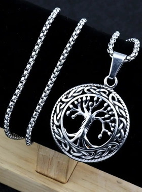 2025热卖爆款促销生命之树珍珠链条项链钛钢复古吊坠饰品直销