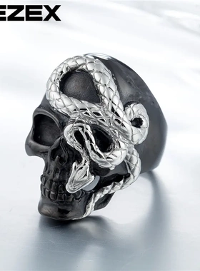 r0289-09 欧美朋克黑色系蛇骷髅头男士钛钢戒指 潮男饰品