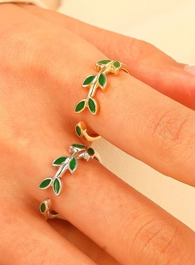 时尚清新橄榄枝树叶戒指女ins风森系开口食指戒小巧绿叶指环