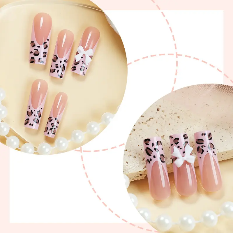加长款水管穿戴甲欧美粉色法式豹纹结穿戴假指甲成品24片