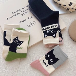 薄款 可爱小猫咪袜子女中筒袜in潮春秋日系卡通学生夏季 袜学院风