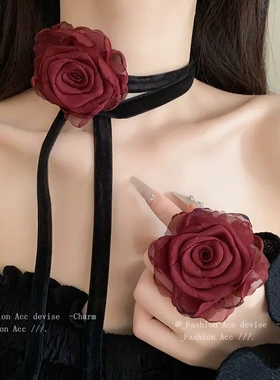 甜美网纱花朵绑带项链复古氛围感时尚锁骨链田园风独特设计项饰女